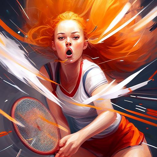 beautiful girl with badminton racket hitting the shuttlecock : : by devid linch, wesley wales anderson : : long orange hair | pretty face | on red shorts and short top with white stripes | bright lighting | dynamic | digital art | trending in art station | studio quality | highly detailed | illustration | depth of field --v 4 --q 0.5 --s 250