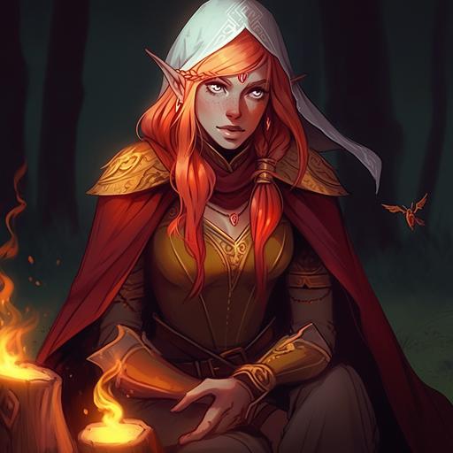 Frustrated elf holds and polishes a human skull, annoyed elf blushes as she wipes down skull with a rag, crimson haired elf looks away in frustration as she sits by a camp fire and cleans a skull, blushing the elf woman sits by the fire and polishes a blush, sitting around a fire with an annoyed blush on her face, Beautiful Elven Sorceress is sitting next to a fire and cleaning a skull, unamused elf cleans a skull, Elven mage frowning and blushing, Red Robes, red Wizard's hat, Full body, Entire body, female elf, pointed ears, whole body, red hair, golden eyes, annoyed face, girl Goddess, Full Body Hero, Full view, bright sunlight, unreal render, ultra realistic digital art, hyper realistic, 150 mm lens, soft rim light, octane render, unreal engine, volumetric lighting, dramatic light, 8k, neon ray tracing, path tracing, volumetric light, optix Cinematic post processing, cinema4d, octane render, optix, volumetric fog, global illumination, photorealism, post processing Photoshop, --niji 5