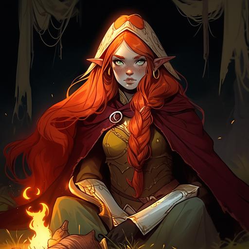 Frustrated elf holds and polishes a human skull, annoyed elf blushes as she wipes down skull with a rag, crimson haired elf looks away in frustration as she sits by a camp fire and cleans a skull, blushing the elf woman sits by the fire and polishes a blush, sitting around a fire with an annoyed blush on her face, Beautiful Elven Sorceress is sitting next to a fire and cleaning a skull, unamused elf cleans a skull, Elven mage frowning and blushing, Red Robes, red Wizard's hat, Full body, Entire body, female elf, pointed ears, whole body, red hair, golden eyes, annoyed face, girl Goddess, Full Body Hero, Full view, bright sunlight, unreal render, ultra realistic digital art, hyper realistic, 150 mm lens, soft rim light, octane render, unreal engine, volumetric lighting, dramatic light, 8k, neon ray tracing, path tracing, volumetric light, optix Cinematic post processing, cinema4d, octane render, optix, volumetric fog, global illumination, photorealism, post processing Photoshop, --niji 5 --q 4 --upbeta --v 5 --s 250