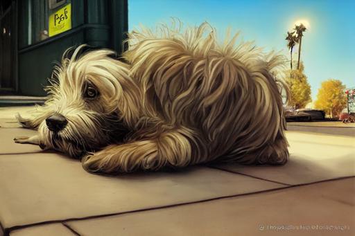 Fry's mangy old mutt dog from Futurama lying on the sidewalk forever waiting, photorealism, hyper realism, old floppy eared shaggy haired mutt --ar 3:2 --test --creative --upbeta