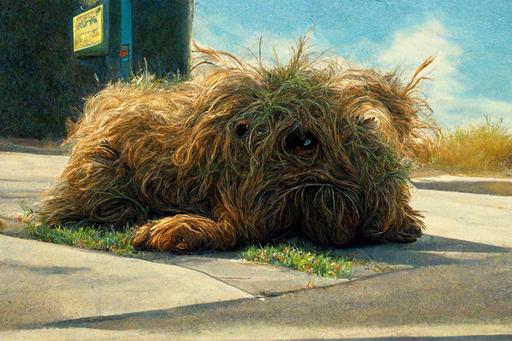 Fry's mangy old mutt dog from Futurama lying on the sidewalk forever waiting, photorealism, hyper realism, old floppy eared shaggy haired mutt --ar 3:2