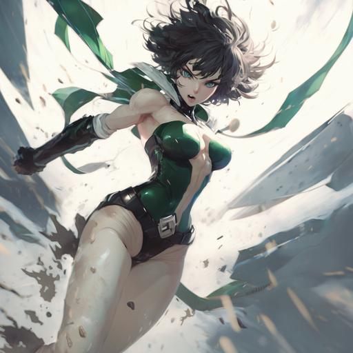 Fubuki Hellish Blizzard in One Punch Man art by WLOP, cgsociety, space art, ilya kuvshinov, detailed painting, anime and realistic style, rendering with unreal engine, 32k, video game FromSoft, full body rendering, female anime character, Tatsumaki tornado one punch man, Asuka Langley, Fubuki one punch man look, Elden Ring art style