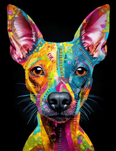 an inca orchid peruvian hairless dog with a white mohawk and a long tongue. painted with colorful splats in the style of thiago valdi, haifa zangana, captivating gaze, martin whatson, electric color --ar 321:415