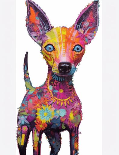 an inca orchid peruvian hairless dog with a white mohawk on his head. A long tongue hanging out of his mouth. painted with colorful splats in the style of thiago valdi, haifa zangana, captivating gaze, martin whatson, electric color --ar 321:415
