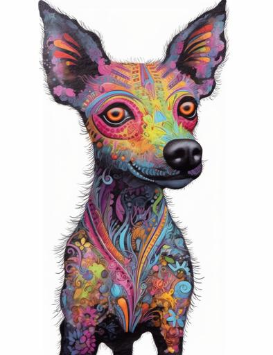 black outline of  an inca orchid peruvian hairless dog with a white mohawk on his head. A long tongue hanging out of his mouth. painted with colorful splats in the style of thiago valdi, with a white mohawk. white hair. haifa zangana, captivating gaze, martin whatson, electric color --ar 321:415