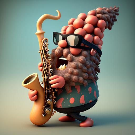 a cartoon meatball with arms and legs wailing on a saxophone, wearing sunglasses, and has a large beard. Artwork should be whimsical and funny, and the mood should be carefree and fun.