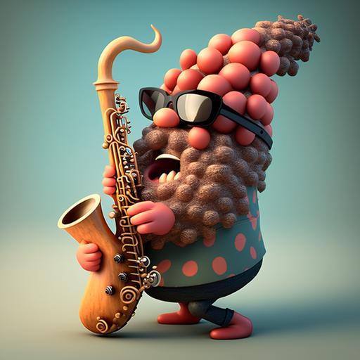 a cartoon meatball with arms and legs wailing on a saxophone, wearing sunglasses, and has a large beard. Artwork should be whimsical and funny, and the mood should be carefree and fun.