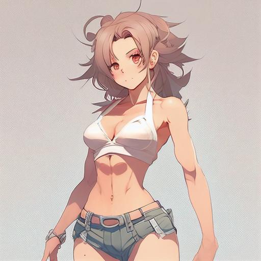 Full Body Anime Girl, Hot Body, Big Thighs, Tiny Waist, Wearing Very Short Jean Shorts Unbuttoned And Tiny White Tank Top