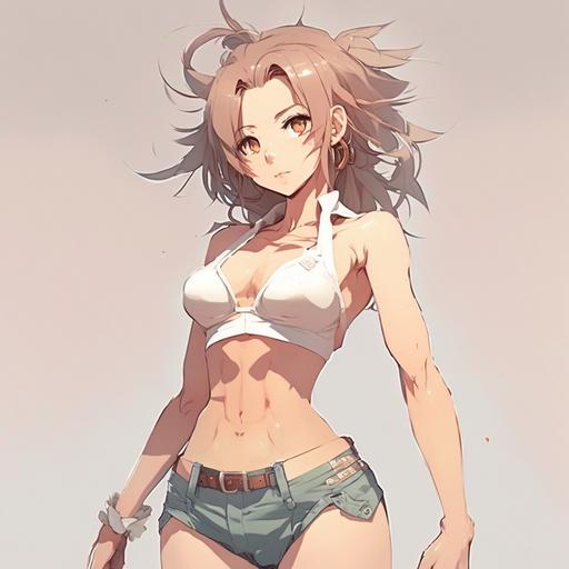 Full Body Anime Girl, Hot Body, Big Thighs, Tiny Waist, Wearing Very Short Jean Shorts Unbuttoned And Tiny White Tank Top