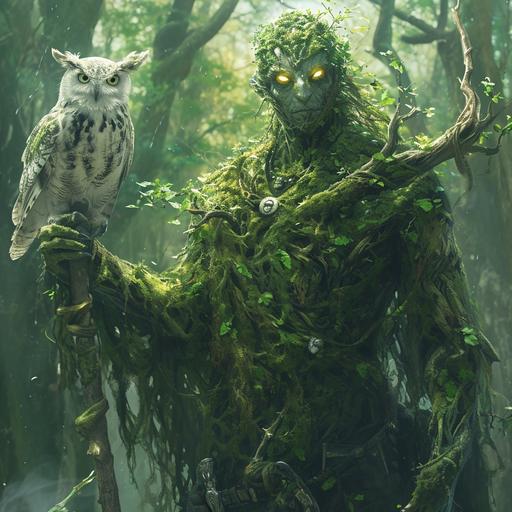 Full body, Half human, half treefolk, yellow eyes, powerful mage, covered in moss, wielding a staff, looking wise and kind , dnd druid with a ghostly owl. Standing in a forest--ar 16:9 --s 250 --v 6.0 --no beard