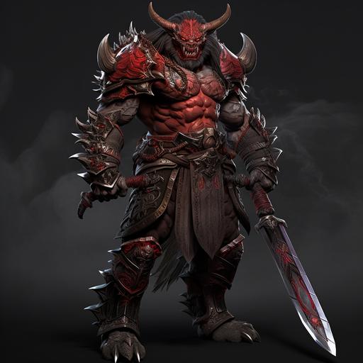 Full body Trigon wearing samurai armour Japanese style, masculine, muscular Orc physique, forgotten realms style Orc, holding a Orc style Japanese samurai sword, highly detailed, forgotten realms style concept art, Tom Abbey style art, Trigon inspired, Oni mask, full body, long hair, Oni inspired, world of Warcraft Orc inspired, Orc feet, red coloured skin, deer antlers, Orc teeth