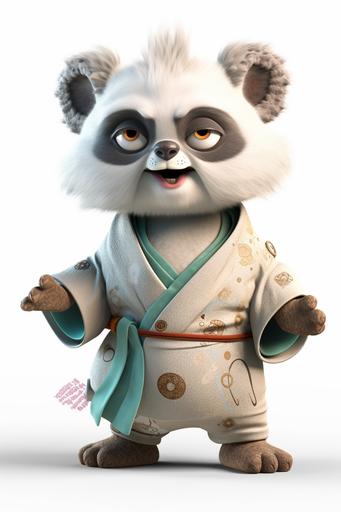 Full body character of a cute, chibi, small old grey-haired karate panda with big eyes, white kimono, high kick dynamic pose, extremely detailed textures, pastel colors, 3D rendering, 32k, nvdia, ray tracing, beautiful, amazing, pixar style, isolated on white background --ar 2:3 --v 5