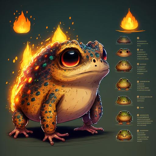 Full body creature sheet, descriptive sheet, A big toad with fire buttons, it is able to spit fire slime, cartoon style, chibi --v 4