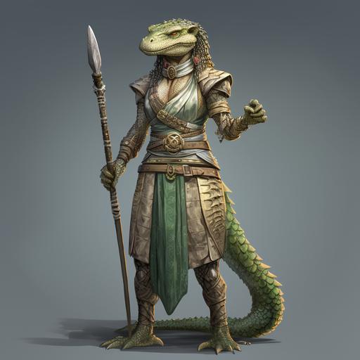 Full body female Lizardfolk wearing fantasy magical ancient Khmer warrior priestess costume, crocodile skin, anthropomorphic reptile, Forgotten realms inspired Lizardfolk, crocodile tail, reptilian eyes, Lizardfolk feet, traditional medieval southeast Asian costume, green coloured scale skin, highly detailed, magical, dungeons and dragons Lizardfolk inspired, barefoot, kind appearance, forgotten realms style character concept art, magical, full body, Lizard features, Tom Babbey art style, muscular, magical, fantasy reptilian, Argonian inspired, Khmer Empire era fantasy costume, feminine, warrior, tribal, Star Wars fantasy reptilian style race concept art, neck ring, Traditional Thai costume