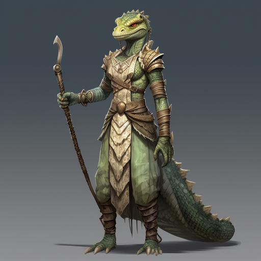 Full body female Lizardfolk wearing fantasy magical ancient Khmer warrior priestess costume, crocodile skin, anthropomorphic reptile, Forgotten realms inspired Lizardfolk, crocodile tail, reptilian eyes, Lizardfolk feet, traditional medieval southeast Asian costume, green coloured scale skin, highly detailed, magical, dungeons and dragons Lizardfolk inspired, barefoot, kind appearance, forgotten realms style character concept art, magical, full body, Lizard features, Tom Babbey art style, muscular, magical, fantasy reptilian, Argonian inspired, Khmer Empire era fantasy costume, feminine, warrior, tribal, Star Wars fantasy reptilian style race concept art, neck ring, Traditional Thai costume
