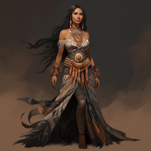 Full body female Native American wearing traditional ancient Native American dress, long braided Native American hairstyle, Native American appearance, brown coloured skin, high defined cheekbones, feminine, Native American face paint, shaman, wise, feathers in hair, highly detailed, forgotten realms style concept art, Tom Abbey art style, full bod, Sacagawea inspired, braided Native American hairstyle
