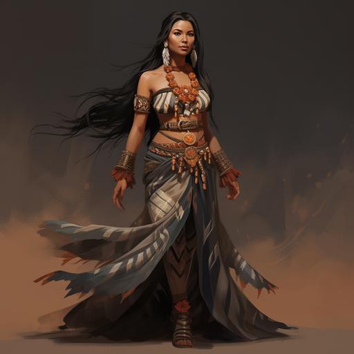 Full body female Native American wearing traditional ancient Native American dress, long braided Native American hairstyle, Native American appearance, brown coloured skin, high defined cheekbones, feminine, Native American face paint, shaman, wise, feathers in hair, highly detailed, forgotten realms style concept art, Tom Abbey art style, full bod, Sacagawea inspired, braided Native American hairstyle