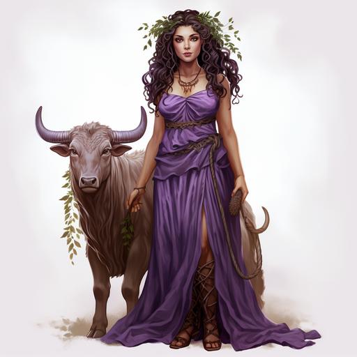 Full body female pagan witch with bull horns wearing pagan vibrant violet coloured Ancient Greek peplos dress, long brown curly hair, beautiful, pagan Druid, shaman, tan coloured skin, witch wreath in hair, no shoes, nature decoration Wiccan clothing, highly detailed, forgotten realms style concept art, Tom abbey art style, maenad, forest witch, full body, horns, messy long hair, wilderness appearance, Ancient Greek woman, holding a thyrsus staff, Ancient Greek woman, Greek goddess, pagan Greek witch