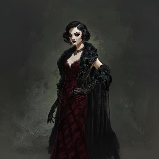Full body female vampire wearing 1920s black fur shawl and elegant long dark red coloured empire waist dress, black coloured 1920s finger wave hairstyle, black coloured opera gloves, Angelina Jolie appearance, pale vampire skin, gothic, 1920s themed, beautiful, highly detailed, forgotten realms style concept art, Tom abbey art style, full body, dark red coloured lips, vampire, aristocrat, gothic, vampire queen, Gatsby style