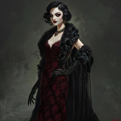 Full body female vampire wearing 1920s black fur shawl and elegant long dark red coloured empire waist dress, black coloured 1920s finger wave hairstyle, black coloured opera gloves, Angelina Jolie appearance, pale vampire skin, gothic, 1920s themed, beautiful, highly detailed, forgotten realms style concept art, Tom abbey art style, full body, dark red coloured lips, vampire, aristocrat, gothic, vampire queen, Gatsby style