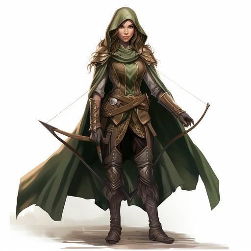 Full body female wood elf ranger wearing green ranger clothing with cloak and holding a wooden bow and arrow, tan wood elf skin, dark brown braided hair, long accentuated elf ears, Bosmer inspired, dungeons and dragons Ranger, nature coloured outfit, beautiful, Ranger character concept art, fantasy wooden bow and arrows, Ranger boots, highly detailed, forgotten realms style concept art, Tom Abbey art style, full body, magical