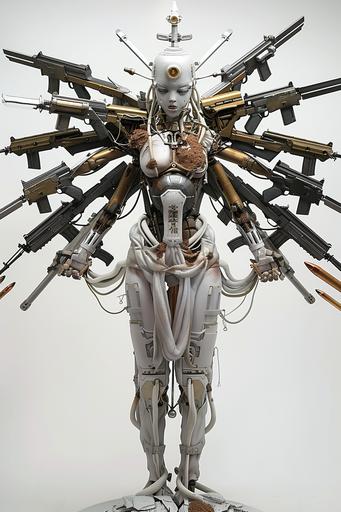 Full-body figure of a thousand-armed android, female form, white and gold colouring, holding all kinds of weapons in each hand, guns, swords, grenades, missiles, textured representation including degradation, on battlefield, --ar 2:3 --s 50 --v 6.0 --style raw
