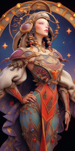 Full body, full-length portrait, ecliptic bikonicore muscular bodybuilder female, wearing a long and pointy felt phrygian cap, anthropomorphic crab costume armor, curvaceous, pin up, sagacious Zhu, olive skin, Asian, thick eyebrows, long eyelashes, eyeliner, freckles, long straight nose, thin lips, short weak chin, chubby cheeks, close-set amber eyes, very long straight black hair, multiple braids, braided ponytail, braided bangs --niji 5 --ar 1:2 --no blonde hair, white hair