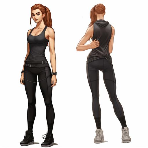 Full body illustration in the style of Tetsuya Nomura of a very attractive young woman who resembles model Bridget Satterlee. Very fit with defined abdominal muscles, tall and lean with auburn-colored hair cinched back into a braid. She is wearing black activewear.