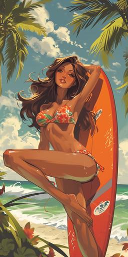 Full body image of a beautiful brunette girl sunbathing with surfboard, 2d cartoon image done by Ralph bakshi, cool world --v 6.0 --ar 2:4