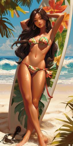 Full body image of a beautiful brunette girl sunbathing with surfboard, 2d cartoon image done by Ralph bakshi, cool world --v 6.0 --ar 2:4