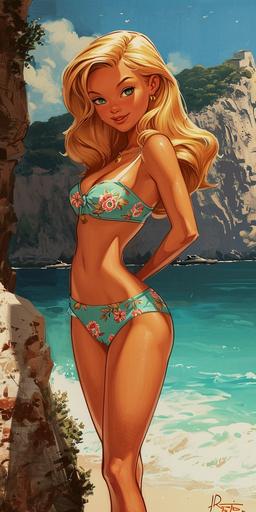 Full body image of a beautiful tanned blonde girl sunbathing on capri, sandy skin, 2d cartoon image done by Ralph bakshi, cool world --v 6.0 --ar 2:4