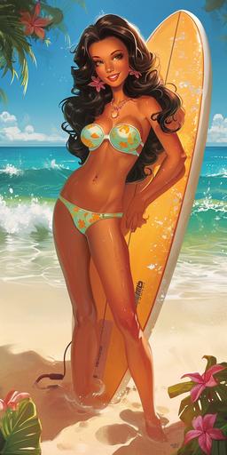 Full body image of a beautiful tanned brunette girl sunbathing with surfboard, 2d cartoon image done by Ralph bakshi, cool world --v 6.0 --ar 2:4