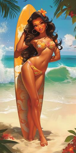 Full body image of a beautiful tanned brunette girl sunbathing with surfboard, 2d cartoon image done by Ralph bakshi, cool world --v 6.0 --ar 2:4
