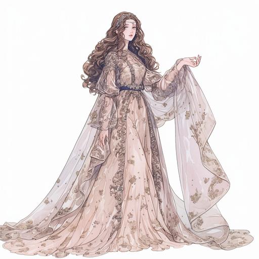 Full body look of a British female model with long brown hair wearing a glass dress. A lovely and gentle style, hand-drawn style, refined illustration, rich details, on white background --niji 6