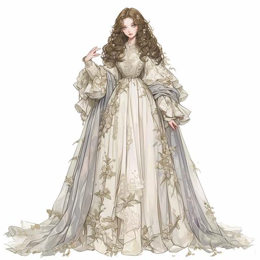 Full body look of a British female model with long brown hair wearing a glass dress. A lovely and gentle style, hand-drawn style, refined illustration, rich details, on white background --niji 6