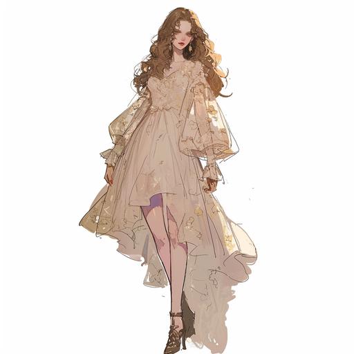 Full body look of a British female model with long brown hair wearing a glass dress. A lovely and gentle style, hand-drawn style, refined illustration, rich details, on white background --niji 6