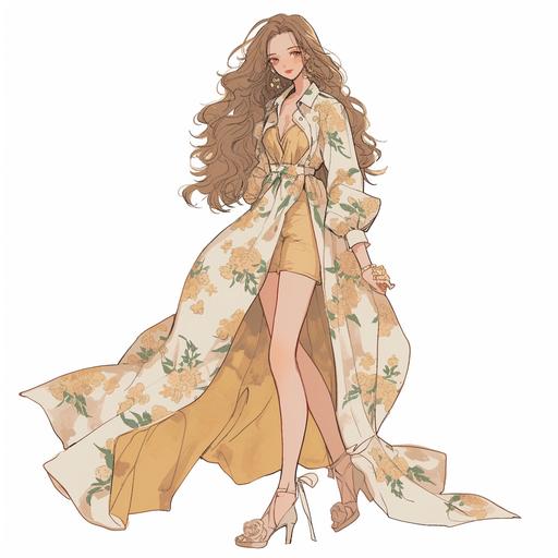 Full body look of a British female model with long brown hair wearing a flower dress. A lovely and gentle style, hand-drawn style, refined illustration, rich details, on white background --niji 6