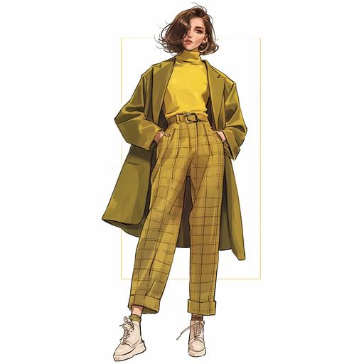 Full body look of a British female model with short brown hair wearing olive green and yellow fashion clothing. The clothing are decorated with some flowers. A lovely and gentle style, hand-drawn style, refined illustration, rich details, on white background --niji 6