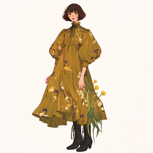 Full body look of a British female model with short brown hair wearing olive green and yellow fashion clothing. The clothing are decorated with some flowers. A lovely and gentle style, hand-drawn style, refined illustration, rich details, on white background --niji 6