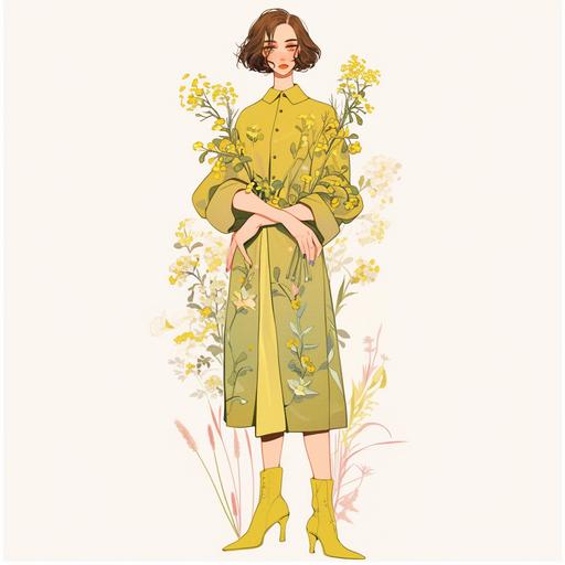 Full body look of a British female model with short brown hair wearing olive green and yellow fashion clothing. The clothing are decorated with some flowers. A lovely and gentle style, hand-drawn style, refined illustration, rich details, on white background --niji 6