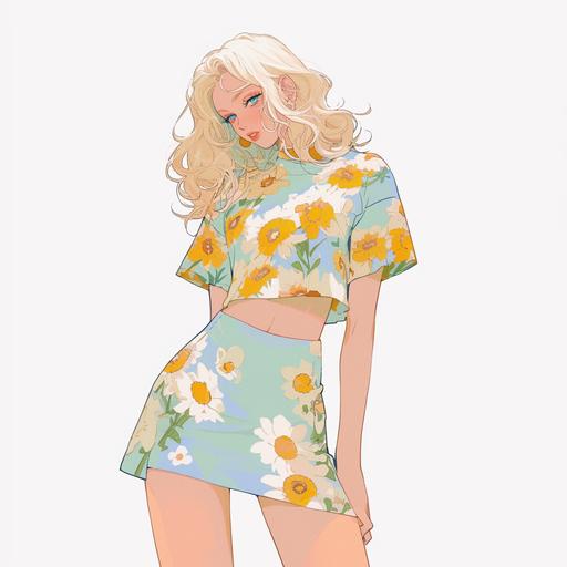 Full body look of a British girl wearing floral cropped t-shirt and a mini skirt. A lovely and gentle style, hand-drawn style, refined illustration, rich details, on white background --niji 6