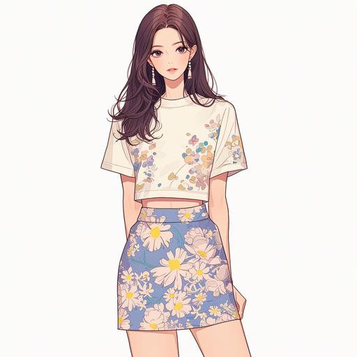 Full body look of a British girl wearing floral cropped t-shirt and a mini skirt. A lovely and gentle style, hand-drawn style, refined illustration, rich details, on white background --niji 6