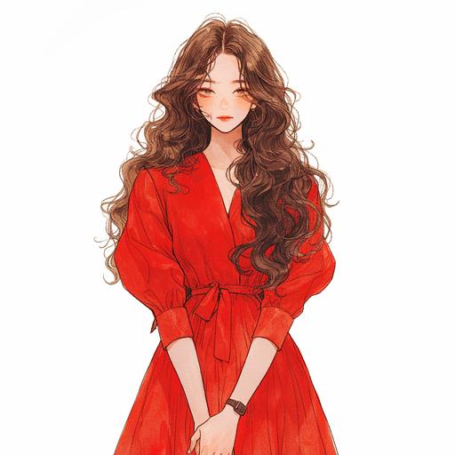 Full body look of a Korean female model with long brown hair in a red vintage dress. A lovely and gentle style, hand-drawn style, refined illustration, rich details, on white background --niji 6