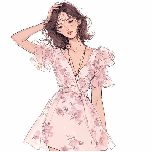 Full body look of a beautiful Britsih female model with cute hairstyle wearing blush pink floral print ruffle dress. A lovely and gentle style, hand-drawn style, refined illustration, rich details, on white background. --niji 6