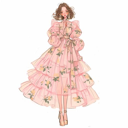 Full body look of a beautiful Britsih female model with cute hairstyle wearing blush pink floral print ruffle dress. A lovely and gentle style, hand-drawn style, refined illustration, rich details, on white background. --niji 6