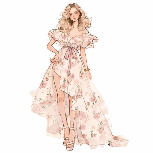 Full body look of a beautiful Britsih female model with cute hairstyle wearing blush pink floral print ruffle dress. A lovely and gentle style, hand-drawn style, refined illustration, rich details, on white background. --niji 6