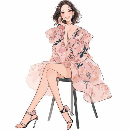 Full body look of a beautiful Britsih female model with cute hairstyle wearing blush pink floral print ruffle dress. A lovely and gentle style, hand-drawn style, refined illustration, rich details, on white background. --niji 6