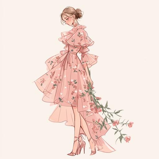 Full body look of a beautiful Britsih female model with cute hairstyle wearing blush pink floral print ruffle dress. A lovely and gentle style, hand-drawn style, refined illustration, rich details, on white background. --niji 6