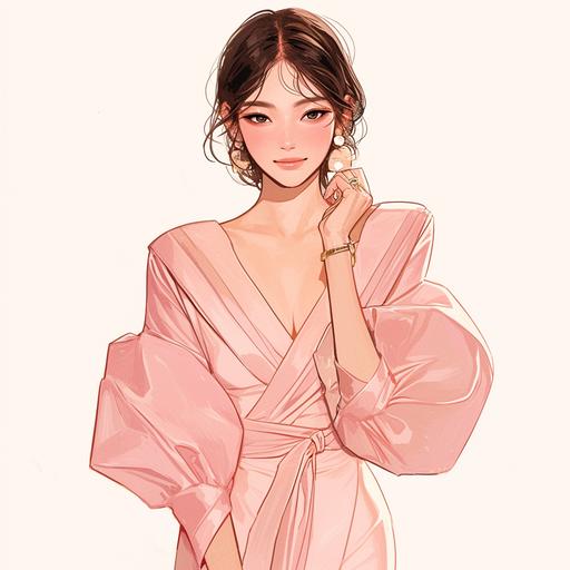 Full body look of a beautiful Korean female model with cute hairstyle wearing pastel pink and rose gold wrap dress. A lovely and gentle style, hand-drawn style, refined illustration, rich details, on white background. --niji 6