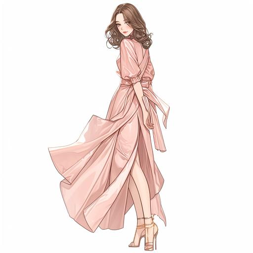Full body look of a beautiful Korean female model with cute hairstyle wearing pastel pink and rose gold wrap dress. A lovely and gentle style, hand-drawn style, refined illustration, rich details, on white background. --niji 6